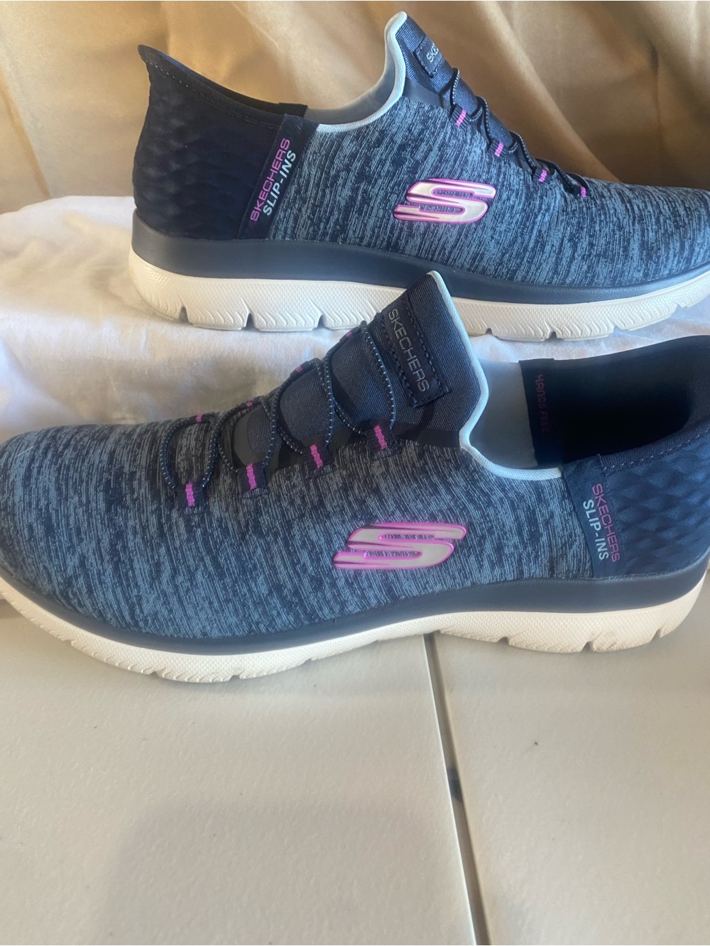 Skechers Women's Navy Knit Slip-On Sneakers with Pink Accents